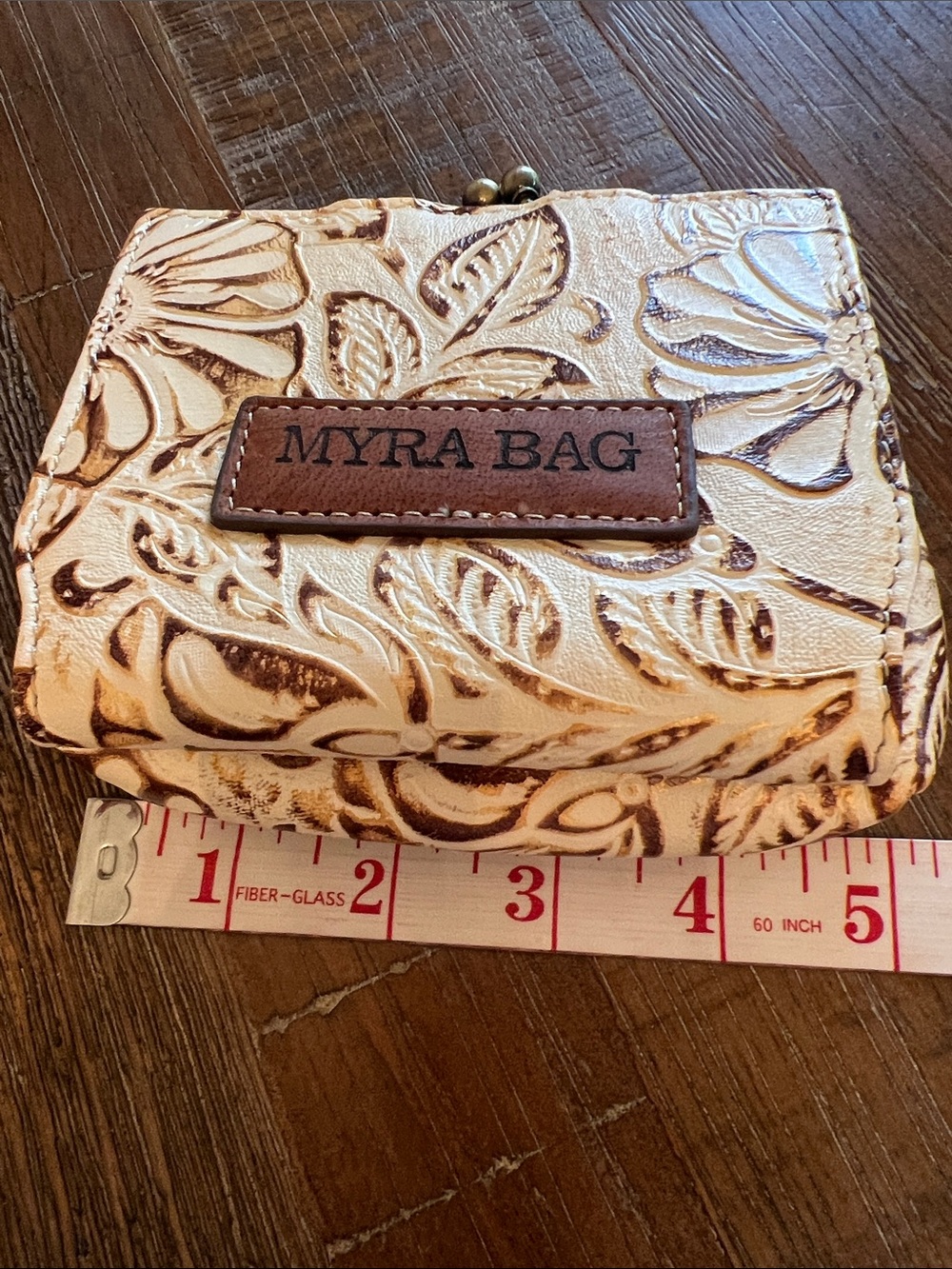 Myra Bag Cream and Brown Floral Embossed Coin Leather Wallet - Picture 8 of 9